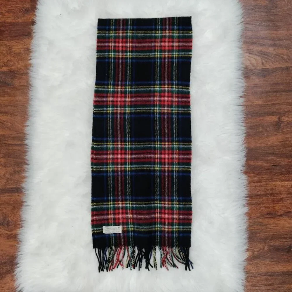 Jonh Hanly Black Stewart Tartan Fringe Rectangular Mens Scarf Made in Ireland - Picture 2 of 5